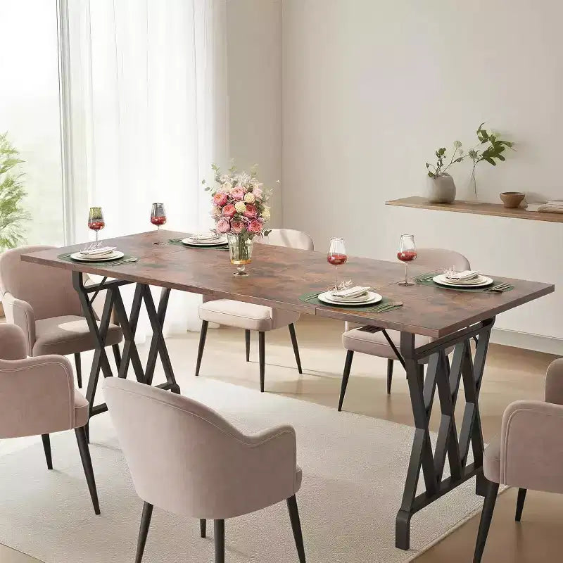 Table de salle à manger rectangulaire de 70.9 pouces pour 4 à 6 personnes, pieds robustes en métal en forme de verre à vin, plateau en bois épais et résistant à l’usure, pour cuisine ou bureau
