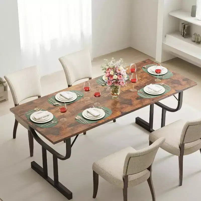 Table de salle à manger rectangulaire de 70.9 pouces pour 4 à 6 personnes, pieds robustes en métal en forme de verre à vin, plateau en bois épais et résistant à l’usure, pour cuisine ou bureau