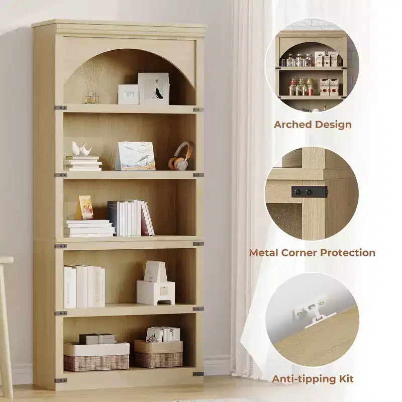 Vitrine arquée de 68 de haut, bibliothèque à 6 niveaux, étagères de rangement sur pied, meuble et décoration pour chambre, salon ou bureau