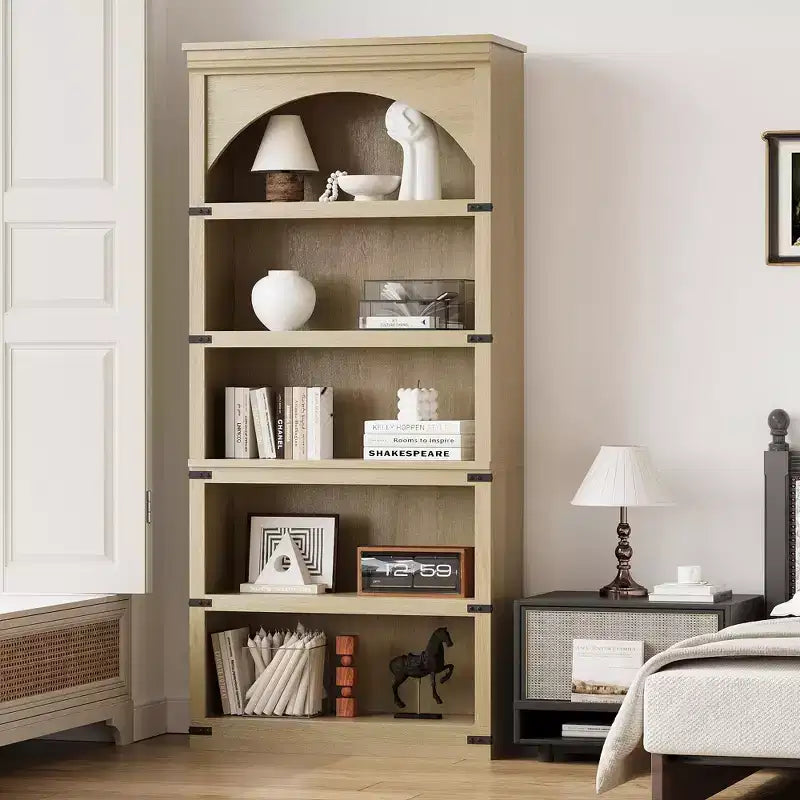 Vitrine arquée de 68 de haut, bibliothèque à 6 niveaux, étagères de rangement sur pied, meuble et décoration pour chambre, salon ou bureau