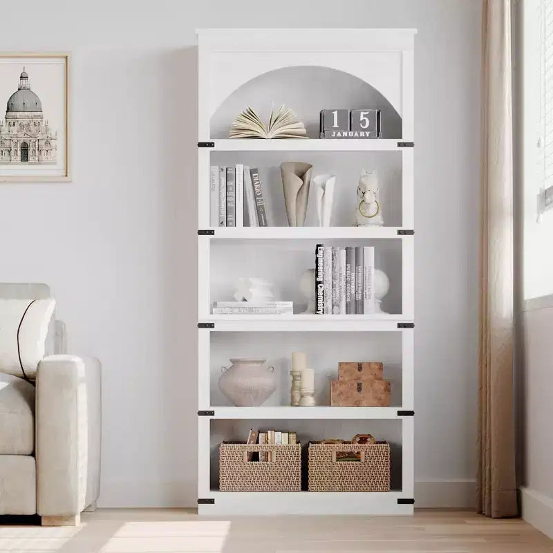 Vitrine arquée de 68 de haut, bibliothèque à 6 niveaux, étagères de rangement sur pied, meuble et décoration pour chambre, salon ou bureau