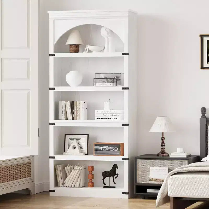 Vitrine arquée de 68 de haut, bibliothèque à 6 niveaux, étagères de rangement sur pied, meuble et décoration pour chambre, salon ou bureau