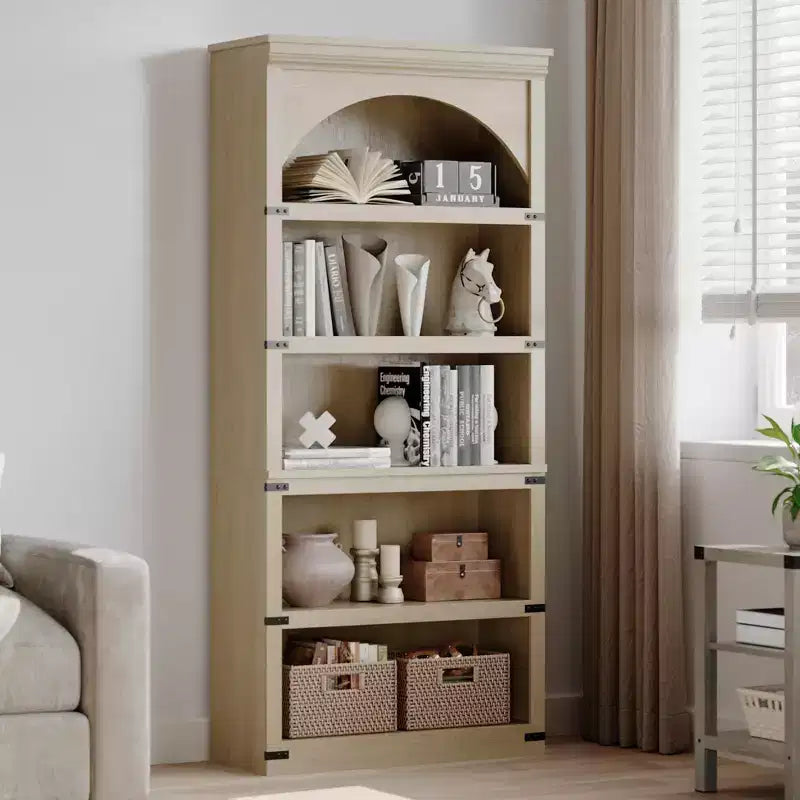 Vitrine arquée de 68 de haut, bibliothèque à 6 niveaux, étagères de rangement sur pied, meuble et décoration pour chambre, salon ou bureau