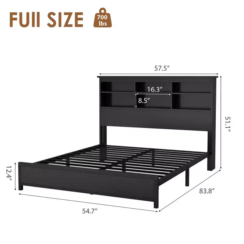 Estructura de cama tamaño king con cabecero librero, estructura de madera con cabecero alto, espacio de almacenamiento debajo de la cama, no necesita somier, negra