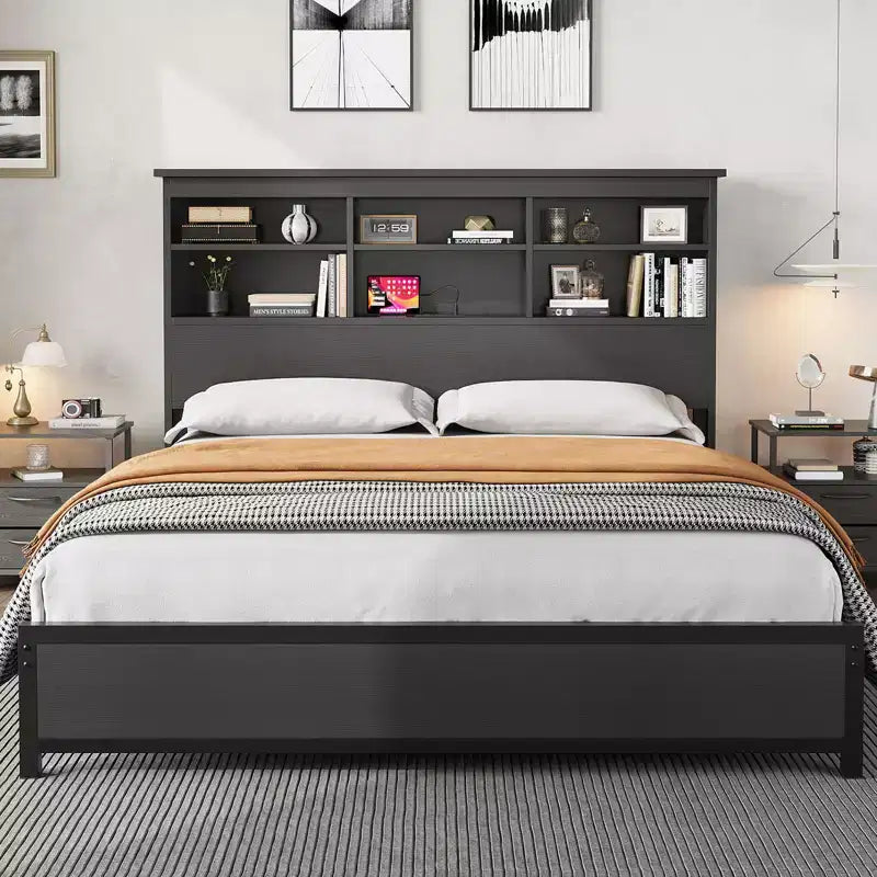 Estructura de cama tamaño king con cabecero librero, estructura de madera con cabecero alto, espacio de almacenamiento debajo de la cama, no necesita somier, negra