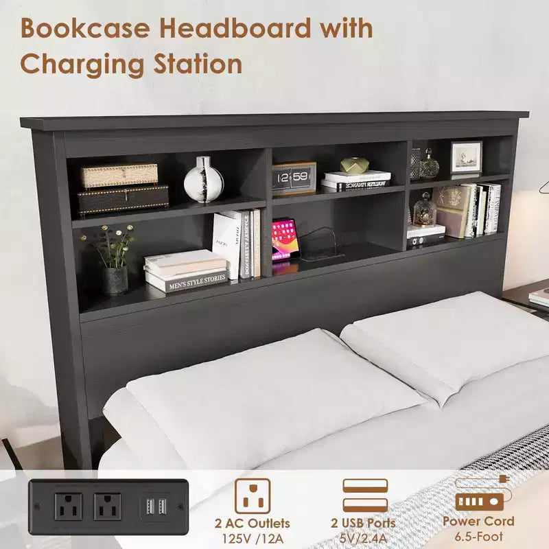 Estructura de cama tamaño king con cabecero librero, estructura de madera con cabecero alto, espacio de almacenamiento debajo de la cama, no necesita somier, negra