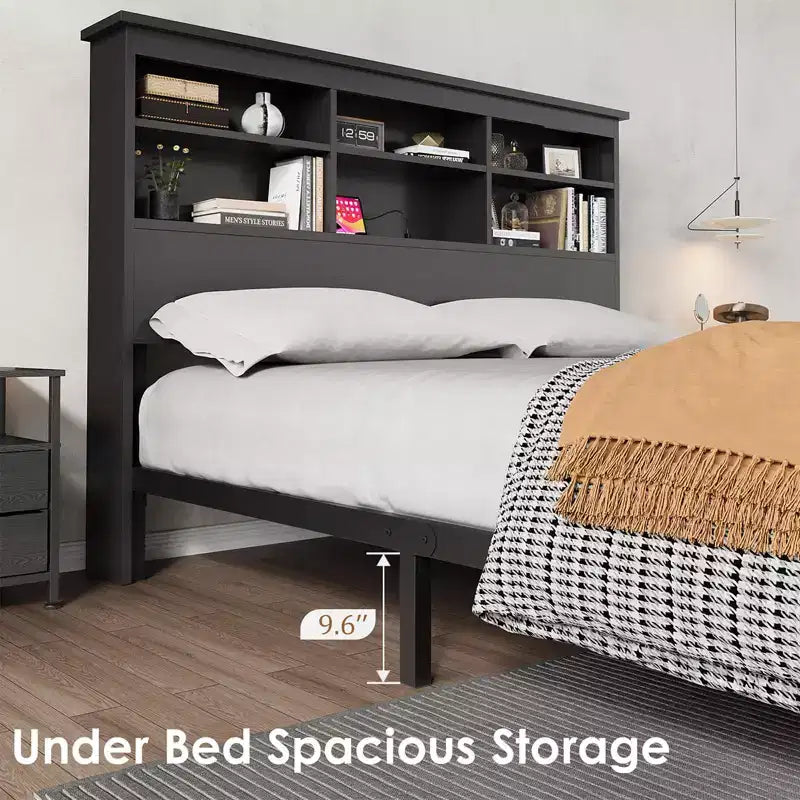 King Size Bed Frame with Bookcase Headboard, Tall Wooden Bed Headboard Frame, Under Bed Storage Space, No Box Spring Needed, Black