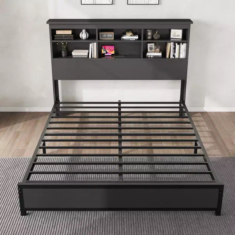 King Size Bed Frame with Bookcase Headboard, Tall Wooden Bed Headboard Frame, Under Bed Storage Space, No Box Spring Needed, Black