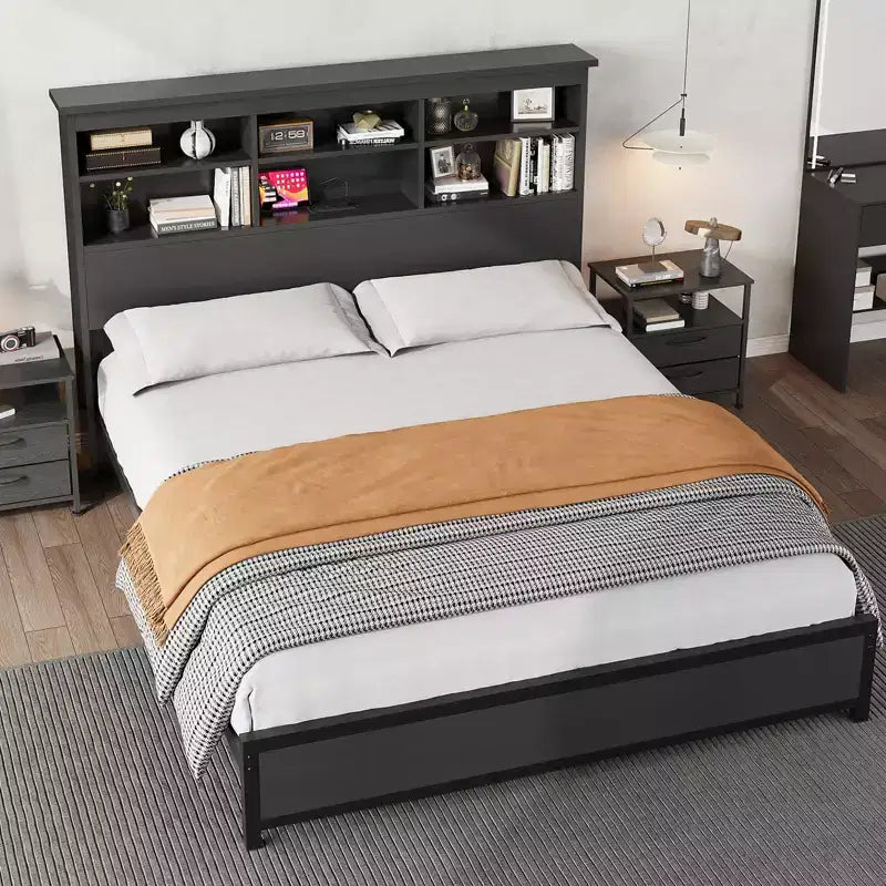 King Size Bed Frame with Bookcase Headboard, Tall Wooden Bed Headboard Frame, Under Bed Storage Space, No Box Spring Needed, Black