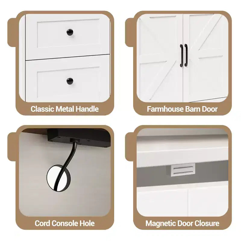 Buffetschrank mit Steckdose, moderne Sideboard im Landhausstil mit Schubladen und Scheunentüren, Stauraum mit verstellbarem Einlegeboden für Küche und Wohnzimmer, Weiß