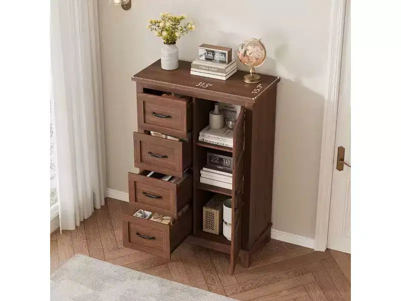 Bedroom Dresser, 45.7 Inches High Dresser with Doors, Vertical Dresser with Storage, Freestanding Wardrobe Dresser, Suitable for Bedroom, Walnut