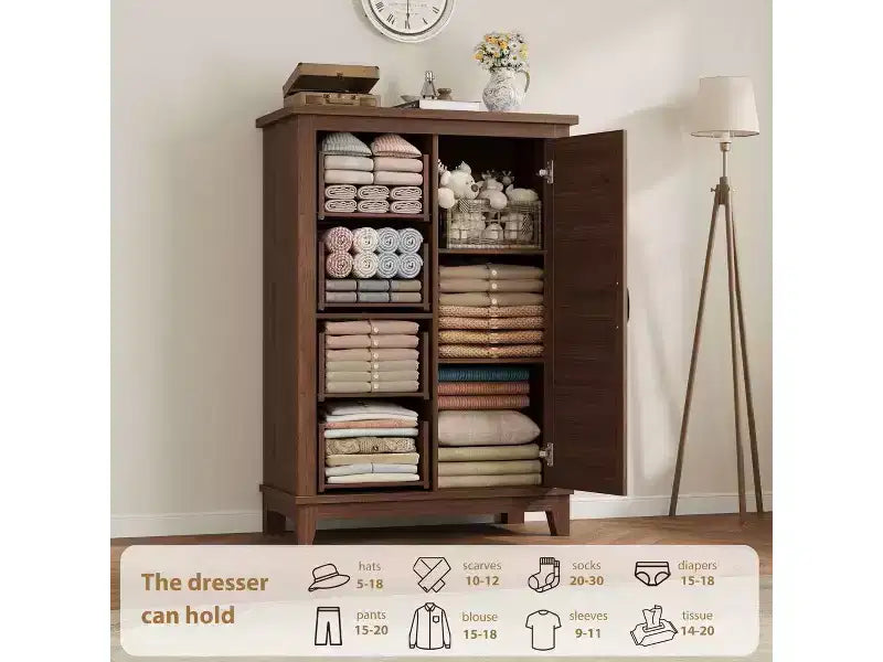 Bedroom Dresser, 45.7 Inches High Dresser with Doors, Vertical Dresser with Storage, Freestanding Wardrobe Dresser, Suitable for Bedroom, Walnut