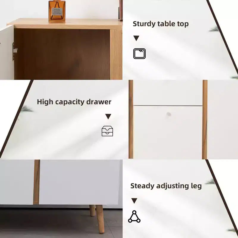 Aufbewahrungsschrank mit 3 Schubladen und 2 Türen, Holzbeine, Weißeiche
