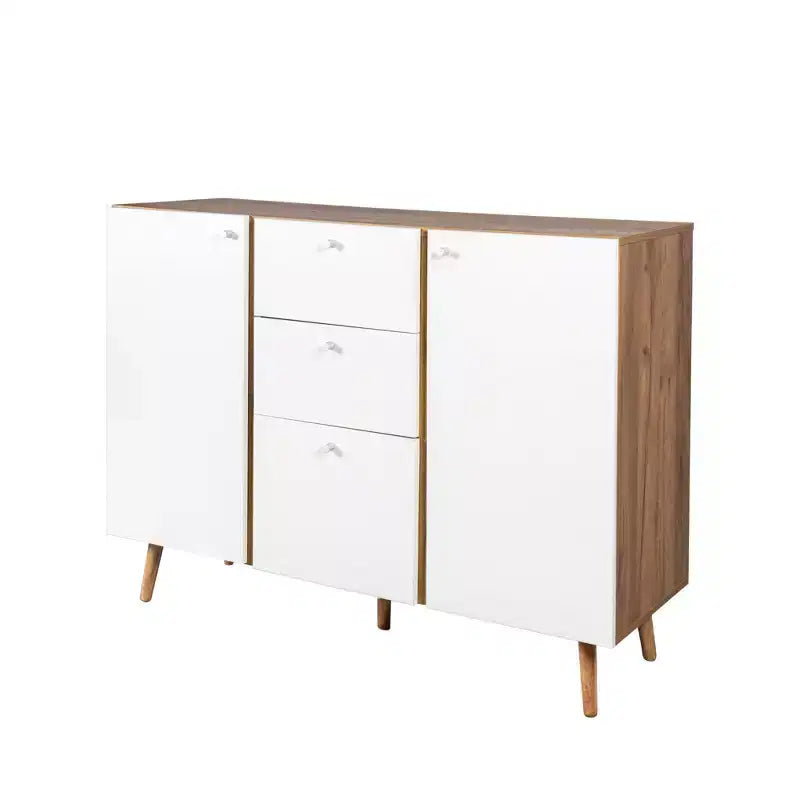 Aufbewahrungsschrank mit 3 Schubladen und 2 Türen, Holzbeine, Weißeiche