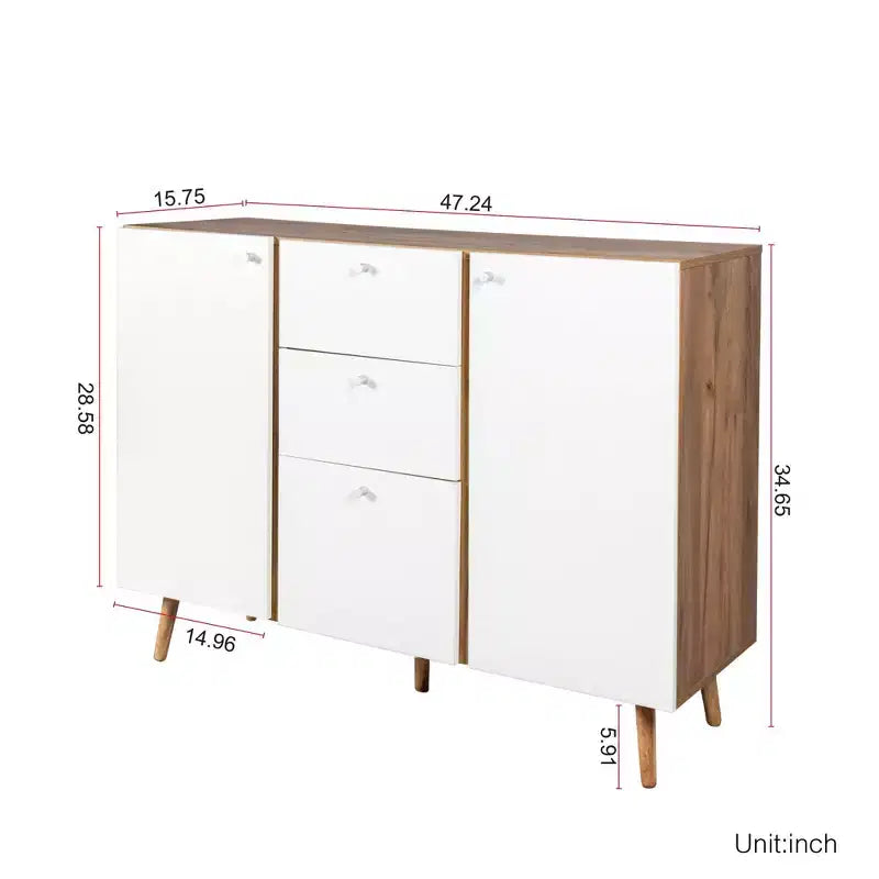 Aufbewahrungsschrank mit 3 Schubladen und 2 Türen, Holzbeine, Weißeiche
