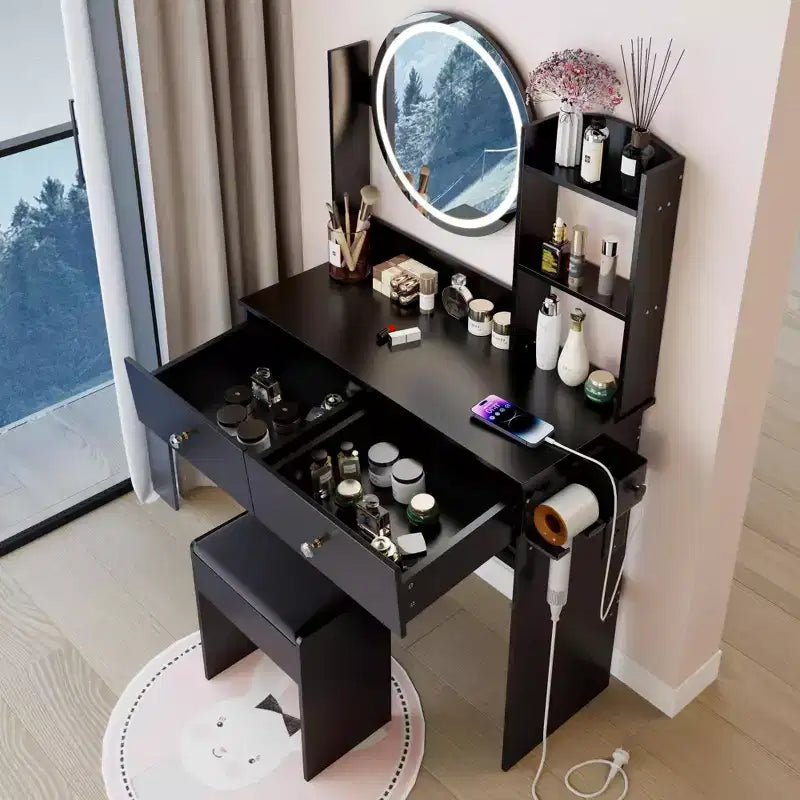 Coiffeuse moderne avec rangement et miroir rond à LED, petit bureau de maquillage avec tabouret rembourré