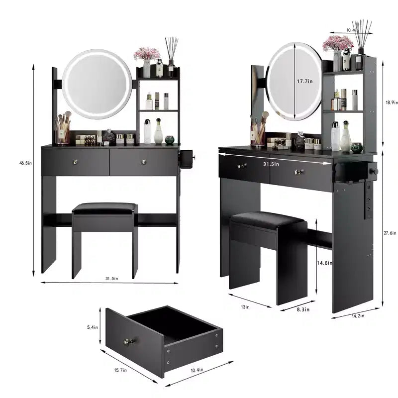Coiffeuse moderne avec rangement et miroir rond à LED, petit bureau de maquillage avec tabouret rembourré