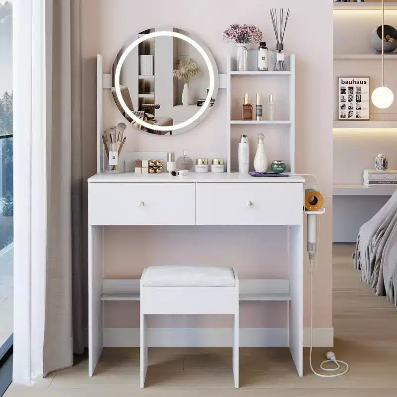 Coiffeuse moderne avec rangement et miroir rond à LED, petit bureau de maquillage avec tabouret rembourré