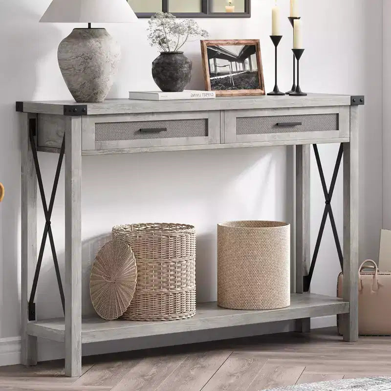 Mesa consola estilo granja con cajones de ratán y estructura metálica, mesa para sala de estar, recibidor o dormitorio