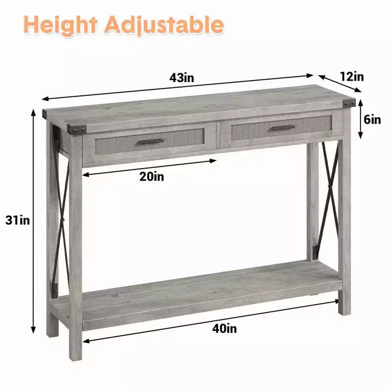 Mesa consola estilo granja con cajones de ratán y estructura metálica, mesa para sala de estar, recibidor o dormitorio