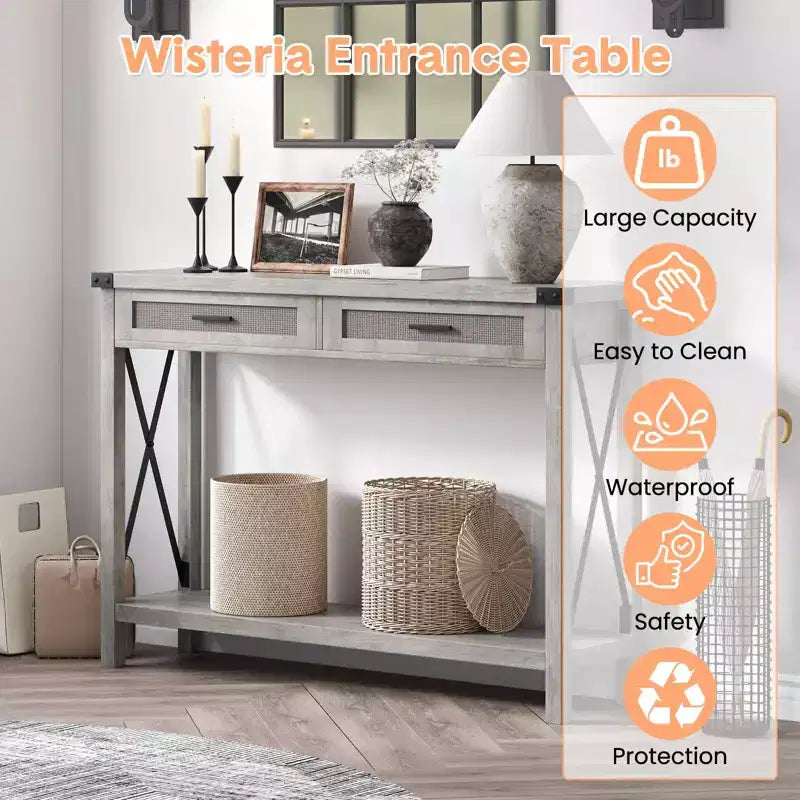 Mesa consola estilo granja con cajones de ratán y estructura metálica, mesa para sala de estar, recibidor o dormitorio