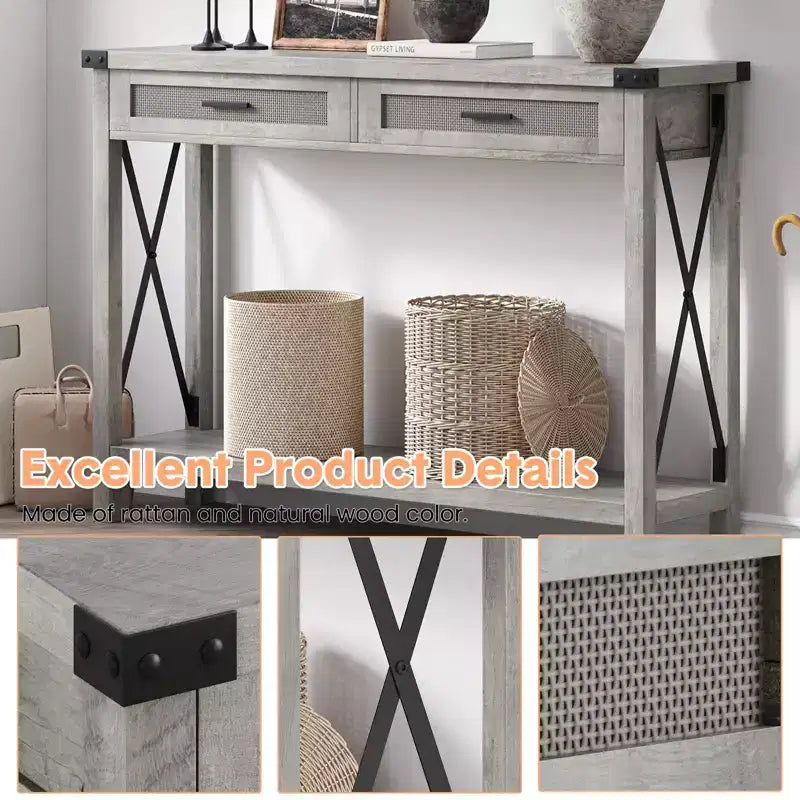 Mesa consola estilo granja con cajones de ratán y estructura metálica, mesa para sala de estar, recibidor o dormitorio