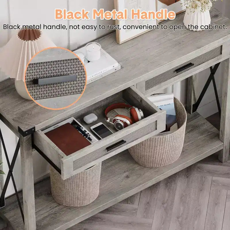 Mesa consola estilo granja con cajones de ratán y estructura metálica, mesa para sala de estar, recibidor o dormitorio