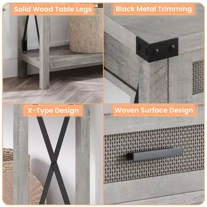 Mesa consola estilo granja con cajones de ratán y estructura metálica, mesa para sala de estar, recibidor o dormitorio