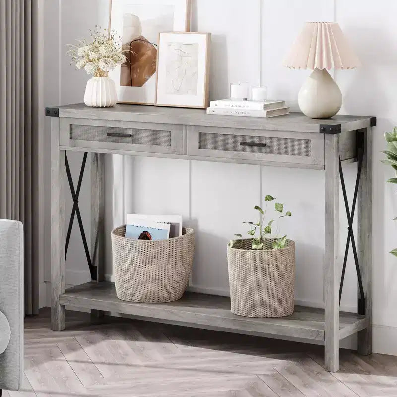 Mesa consola estilo granja con cajones de ratán y estructura metálica, mesa para sala de estar, recibidor o dormitorio