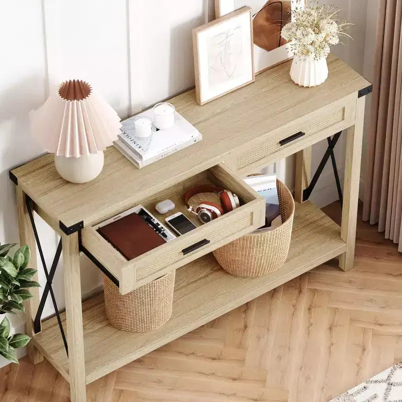 Mesa consola estilo granja con cajones de ratán y estructura metálica, mesa para sala de estar, recibidor o dormitorio