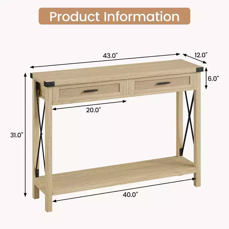 Mesa consola estilo granja con cajones de ratán y estructura metálica, mesa para sala de estar, recibidor o dormitorio