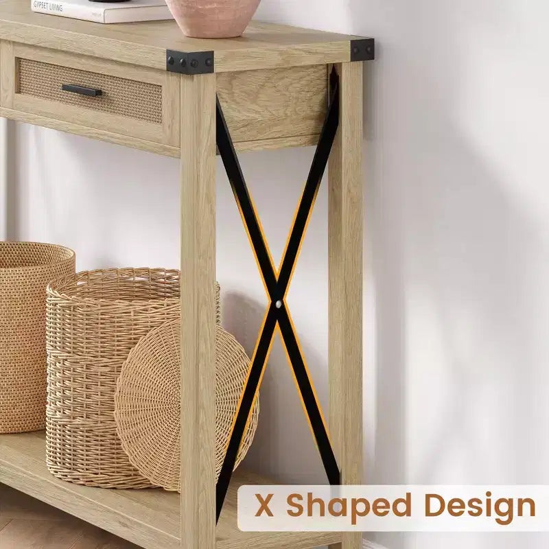 Mesa consola estilo granja con cajones de ratán y estructura metálica, mesa para sala de estar, recibidor o dormitorio