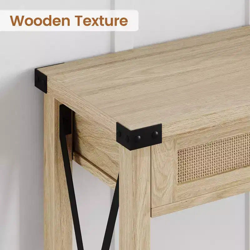 Mesa consola estilo granja con cajones de ratán y estructura metálica, mesa para sala de estar, recibidor o dormitorio
