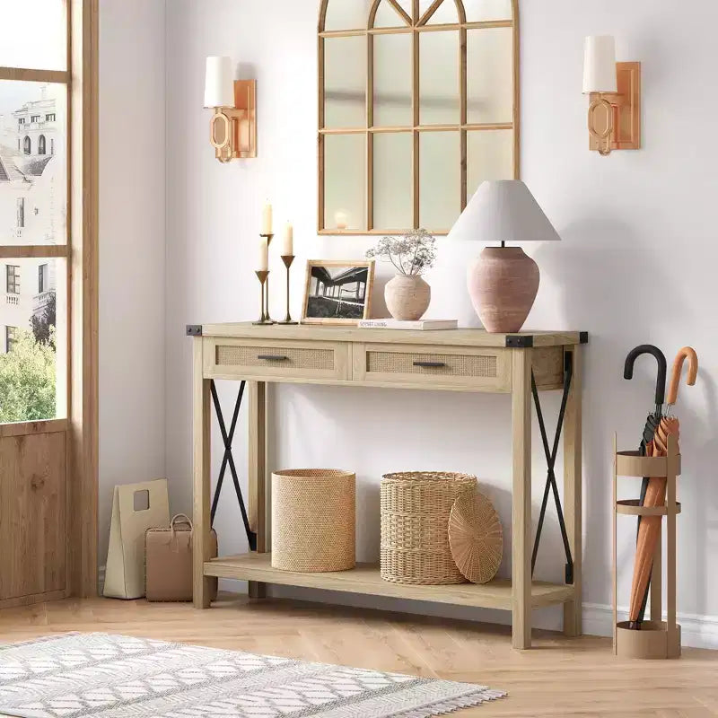 Mesa consola estilo granja con cajones de ratán y estructura metálica, mesa para sala de estar, recibidor o dormitorio