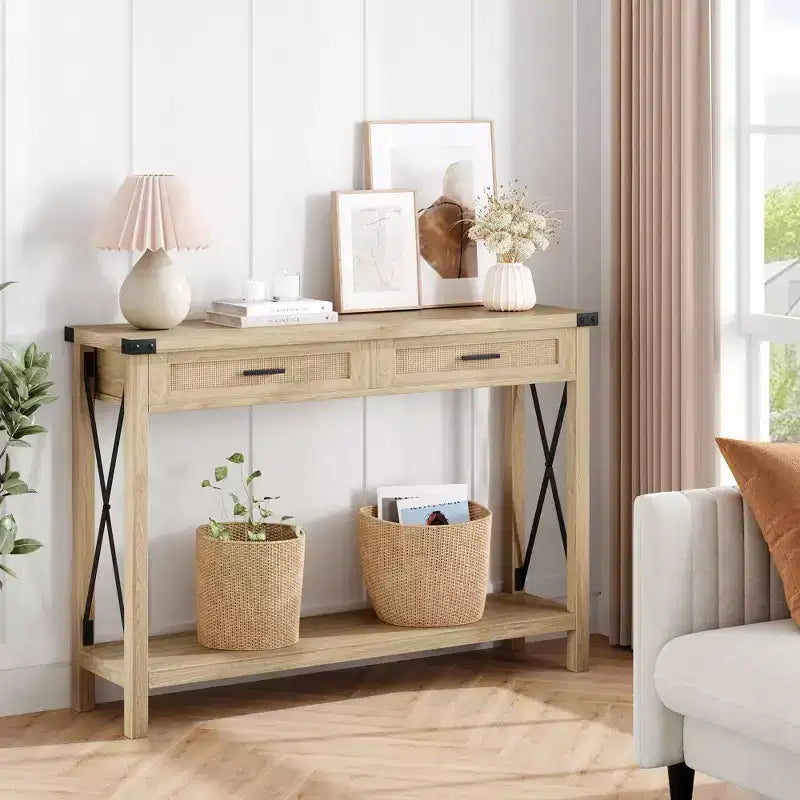 Mesa consola estilo granja con cajones de ratán y estructura metálica, mesa para sala de estar, recibidor o dormitorio