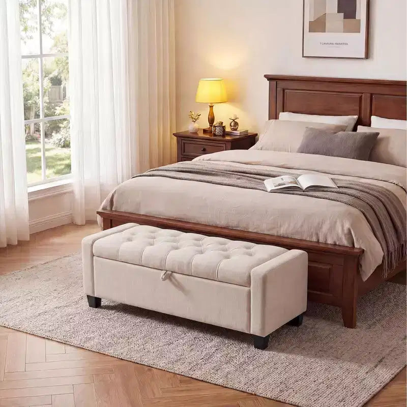 Banc coffre rembourré capitonné de 50.8 pouces, coffre de rangement au pied du lit, banc d’entrée à couvercle rabattable avec charnière à fermeture lente et sécurisée, pour le salon