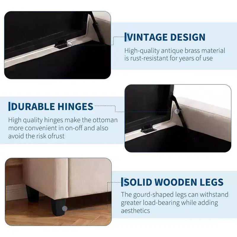 Banc coffre rembourré capitonné de 50.8 pouces, coffre de rangement au pied du lit, banc d’entrée à couvercle rabattable avec charnière à fermeture lente et sécurisée, pour le salon