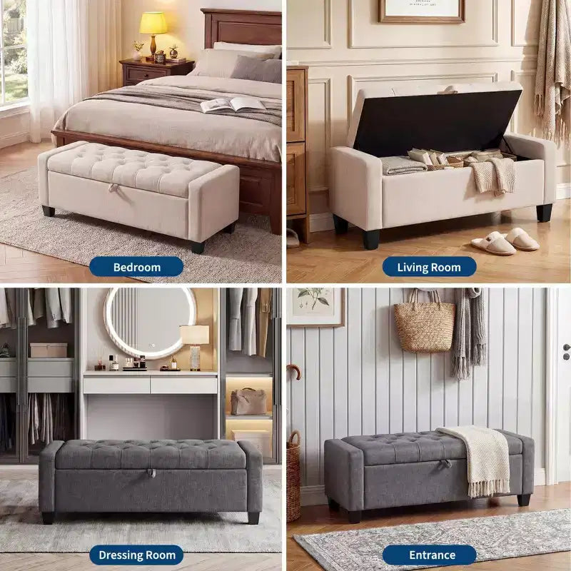 Banc coffre rembourré capitonné de 50.8 pouces, coffre de rangement au pied du lit, banc d’entrée à couvercle rabattable avec charnière à fermeture lente et sécurisée, pour le salon