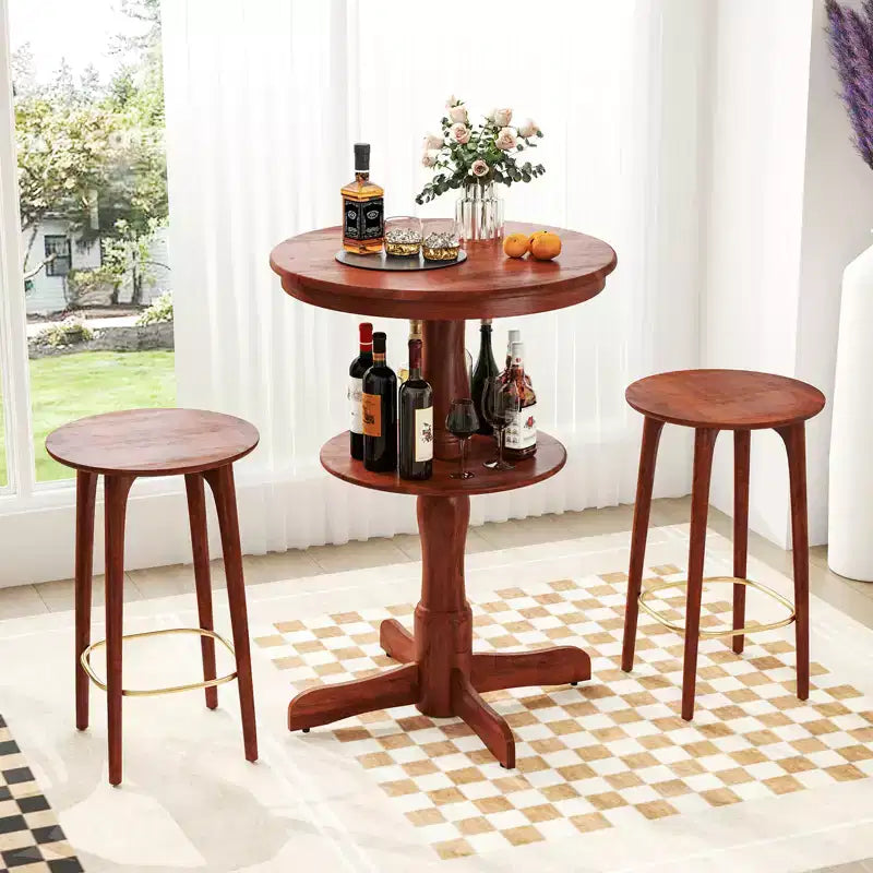 2-Tier Round High Top Table w/ Storage Shelf & Pedestal Base for Kitchen