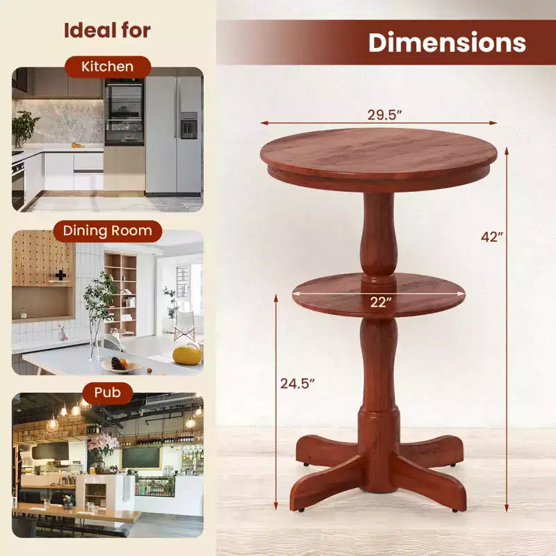 Table haute ronde à 2 niveaux avec étagère de rangement et pied central pour la cuisine