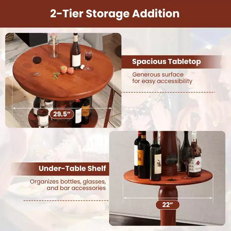 2-Tier Round High Top Table w/ Storage Shelf & Pedestal Base for Kitchen
