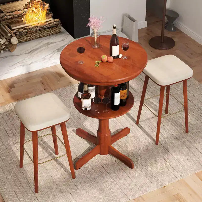 2-Tier Round High Top Table w/ Storage Shelf & Pedestal Base for Kitchen