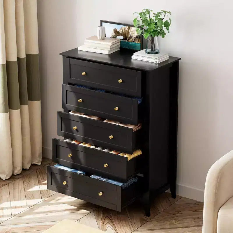 Cómoda alta de 5 cajones profundos con pomos metálicos, cómoda moderna de madera para dormitorio, recibidor y pasillo