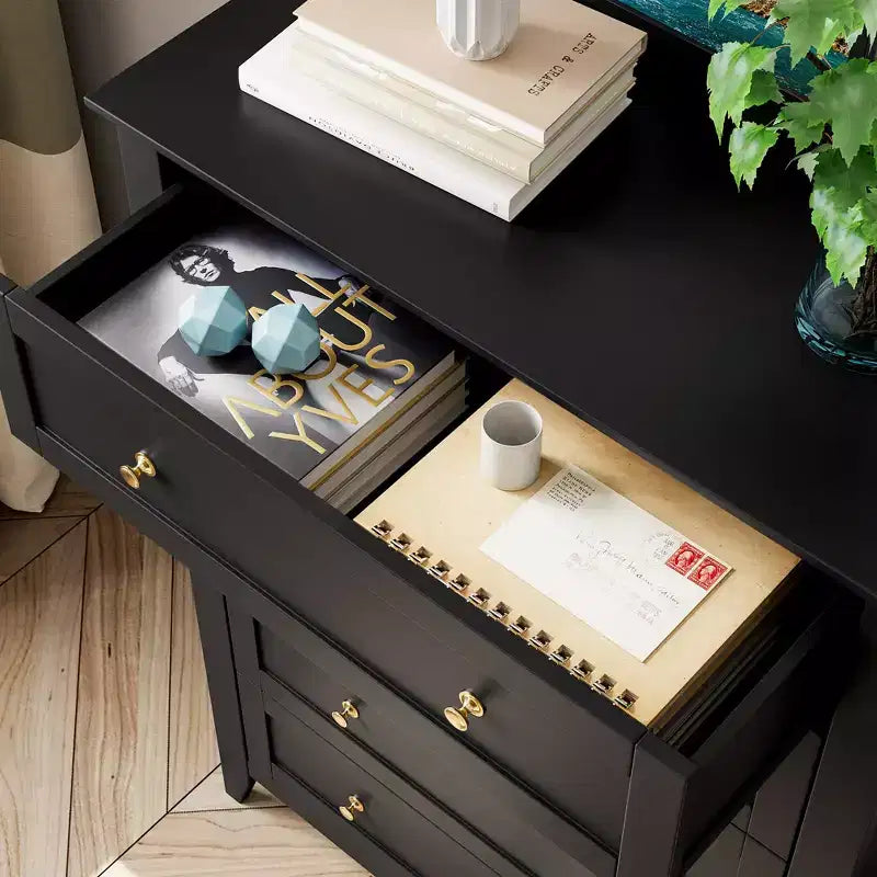 Cómoda alta de 5 cajones profundos con pomos metálicos, cómoda moderna de madera para dormitorio, recibidor y pasillo