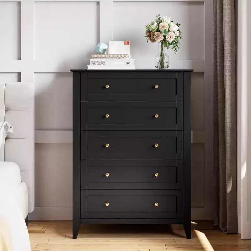 Cómoda alta de 5 cajones profundos con pomos metálicos, cómoda moderna de madera para dormitorio, recibidor y pasillo
