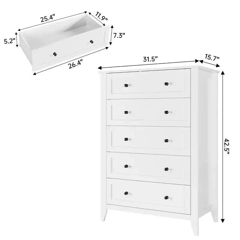Cómoda alta de 5 cajones profundos con pomos metálicos, cómoda moderna de madera para dormitorio, recibidor y pasillo