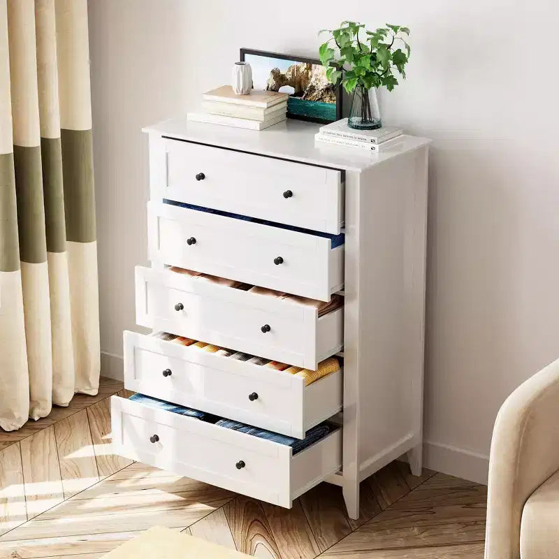 Cómoda alta de 5 cajones profundos con pomos metálicos, cómoda moderna de madera para dormitorio, recibidor y pasillo