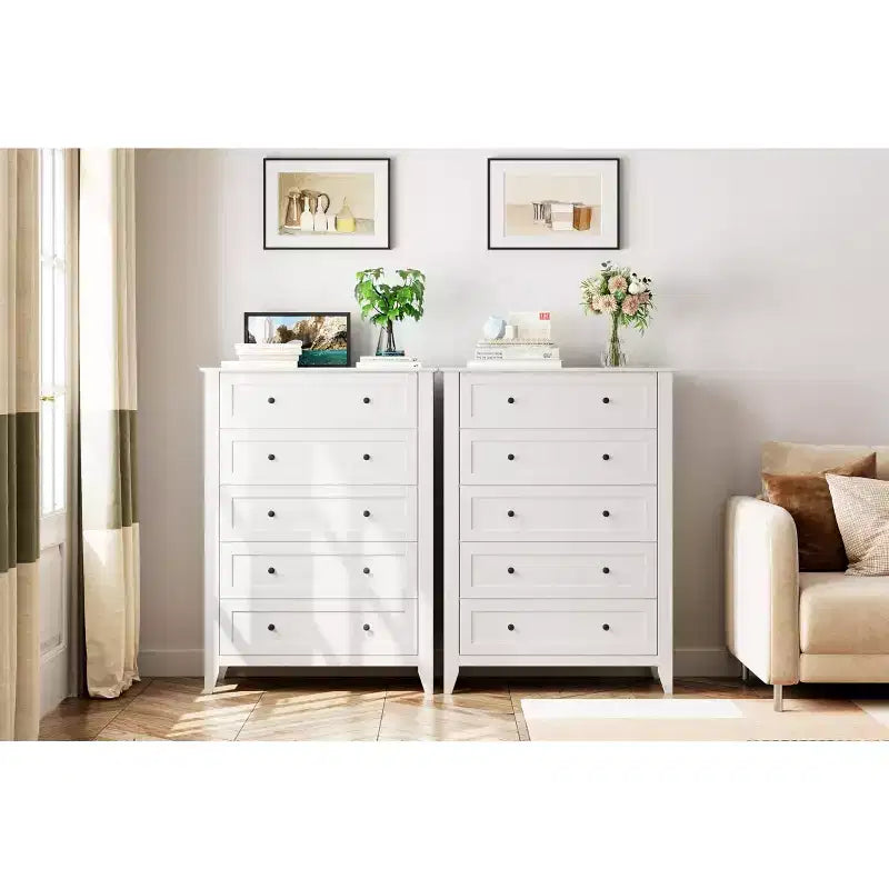 Cómoda alta de 5 cajones profundos con pomos metálicos, cómoda moderna de madera para dormitorio, recibidor y pasillo