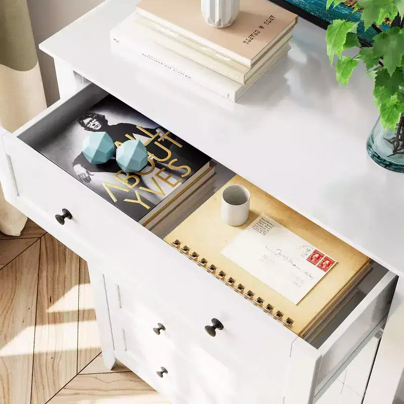 Cómoda alta de 5 cajones profundos con pomos metálicos, cómoda moderna de madera para dormitorio, recibidor y pasillo