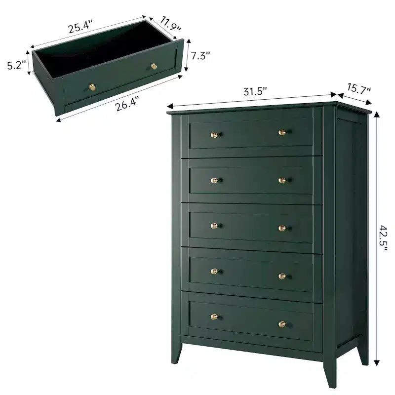 Hohe Kommode mit 5 tiefen Schubladen und Metallknöpfen, moderne Holzkommode für Schlafzimmer, Eingangsbereich und Flur